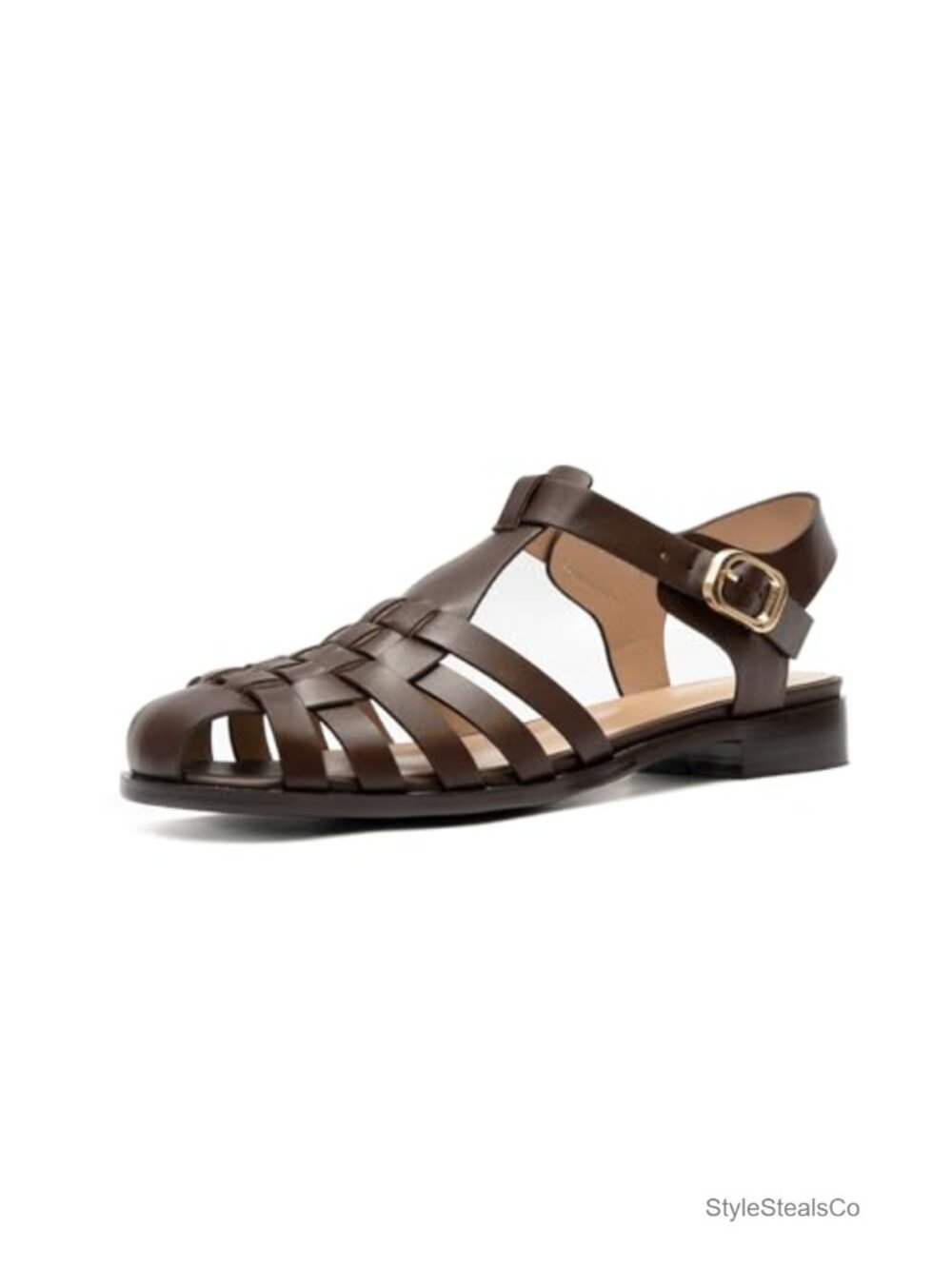 Women's Leather Flat Roman Sandal with Ankle Strap, Slip Resistant